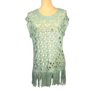 CENY Soft Seafoam Green Open Knit Fringed Sweater  S